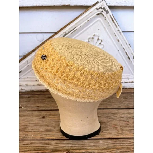 Vintage 1950s Yellow Straw Pill Box Hat Rhinestones MOD - Picture 15 of 15